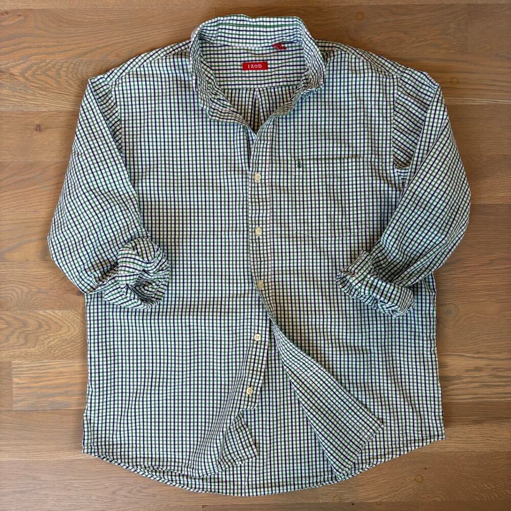 Izod Checkered Plaid Casual 100% Cotton Button Down Shirt Mens Size Large